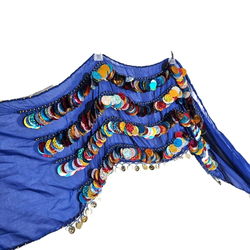 Bellydance hip scarf paillettes coins blue handmade
